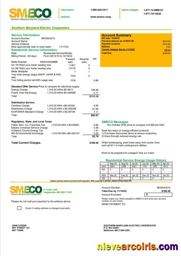 USA Maryland SMECO utility bill